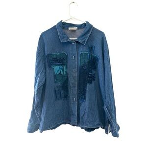 Vintage 90’s/Y2K Nino Wong Blue Patchwork Denim Shirt XL (see description)